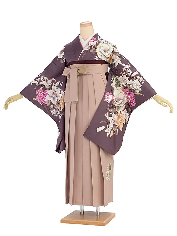 卒業式女性袴 1274 臙脂鼠（えんじねず） 牡丹ゆり／くすみピンク袴