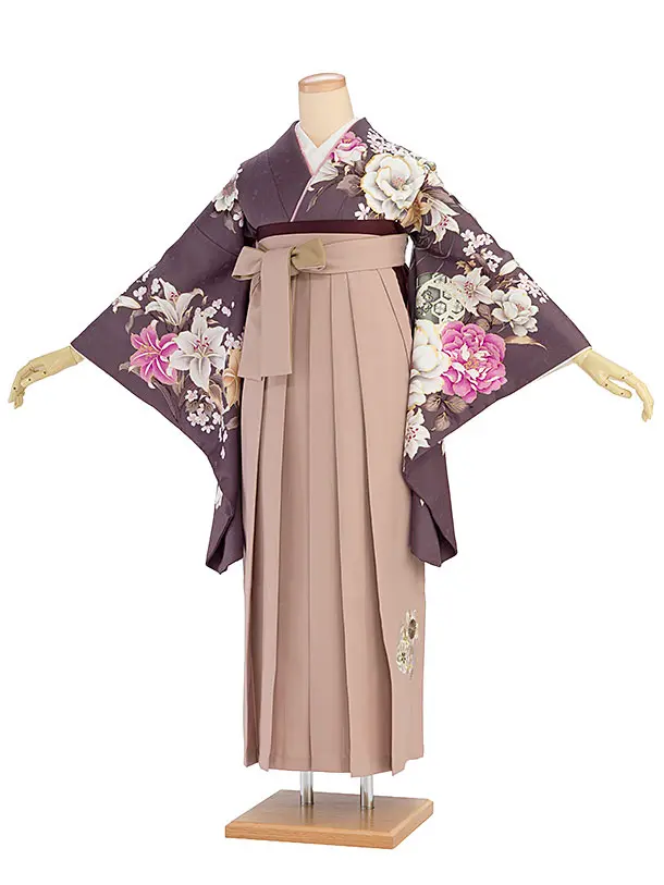 卒業式女性袴 1274 臙脂鼠（えんじねず） 牡丹ゆり／くすみピンク袴