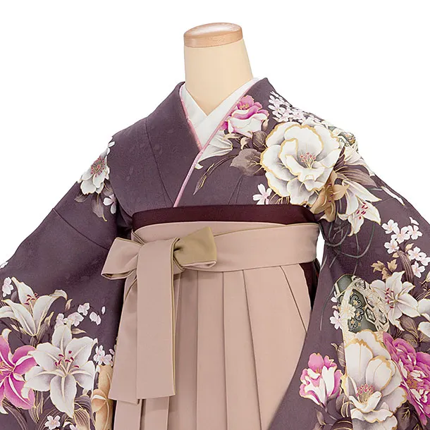 卒業式女性袴 1274 臙脂鼠（えんじねず） 牡丹ゆり／くすみピンク袴