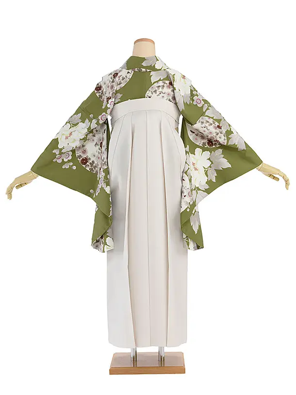 卒業式女性袴 1275 Kansai／抹茶色 牡丹梅／オフホワイト袴