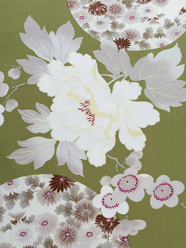 卒業式女性袴 1275 Kansai／抹茶色 牡丹梅／オフホワイト袴