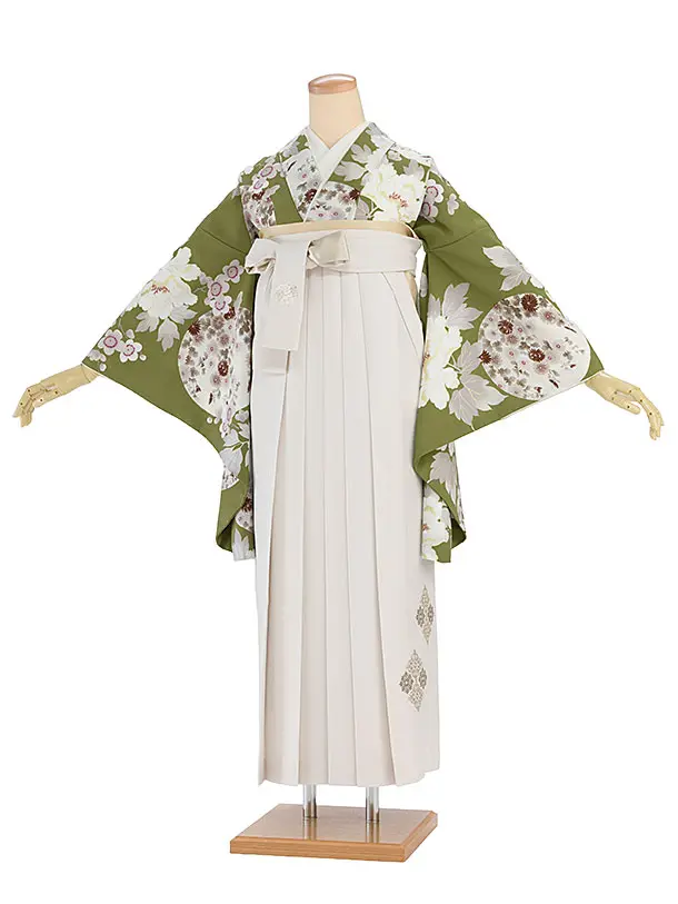 卒業式女性袴 1276 Kansai／抹茶色 牡丹梅／オフホワイト袴