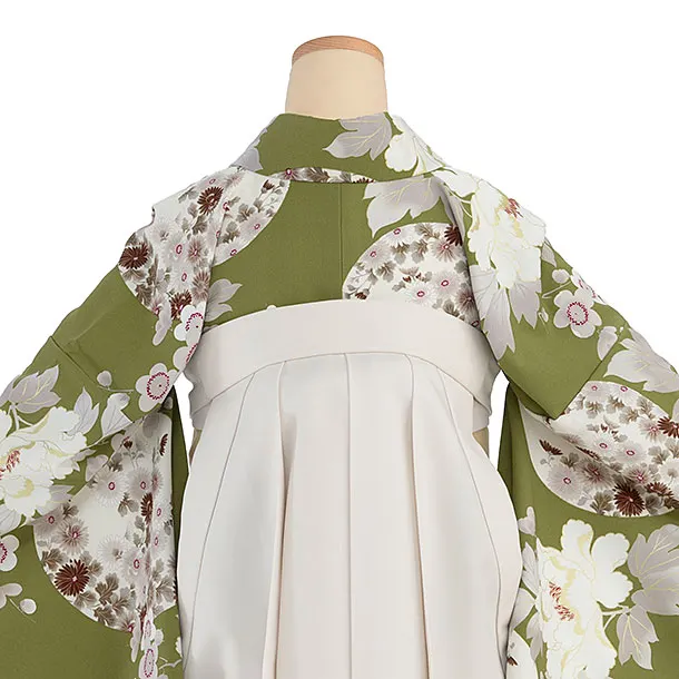 卒業式女性袴 1276 Kansai／抹茶色 牡丹梅／オフホワイト袴