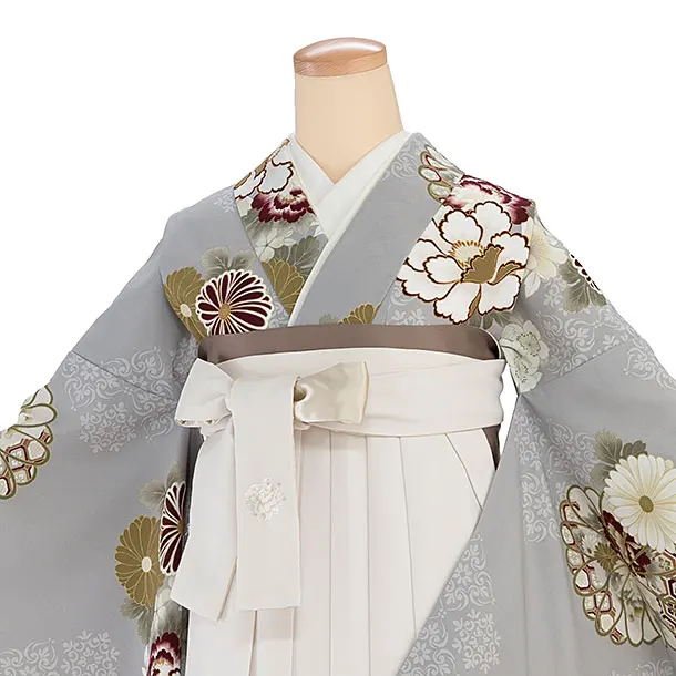 卒業式女性袴 1277 Kansai／グレー 牡丹菊／オフホワイト袴