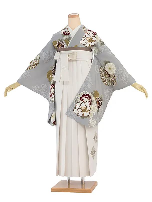 卒業式女性袴 1278 Kansai／グレー 牡丹菊／オフホワイト袴
