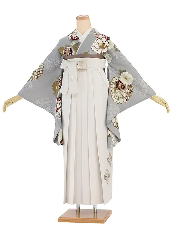 卒業式女性袴 1278 Kansai／グレー 牡丹菊／オフホワイト袴