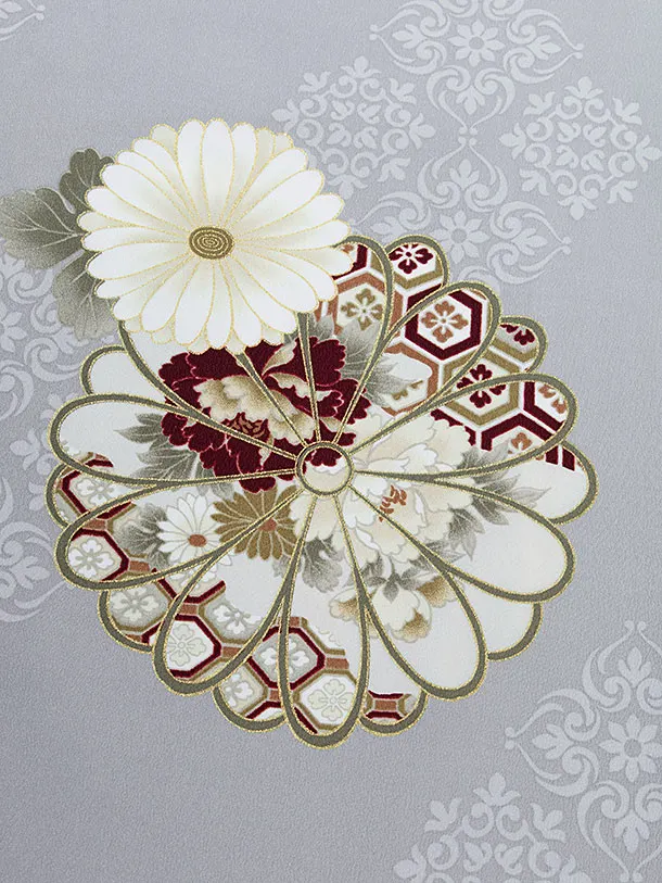 卒業式女性袴 1278 Kansai／グレー 牡丹菊／オフホワイト袴