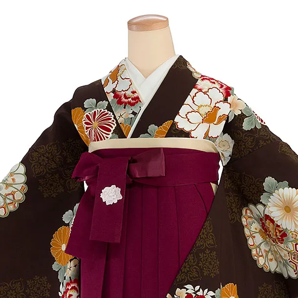 卒業式女性袴 1279 Kansai／茶色 牡丹菊／ボルドー袴
