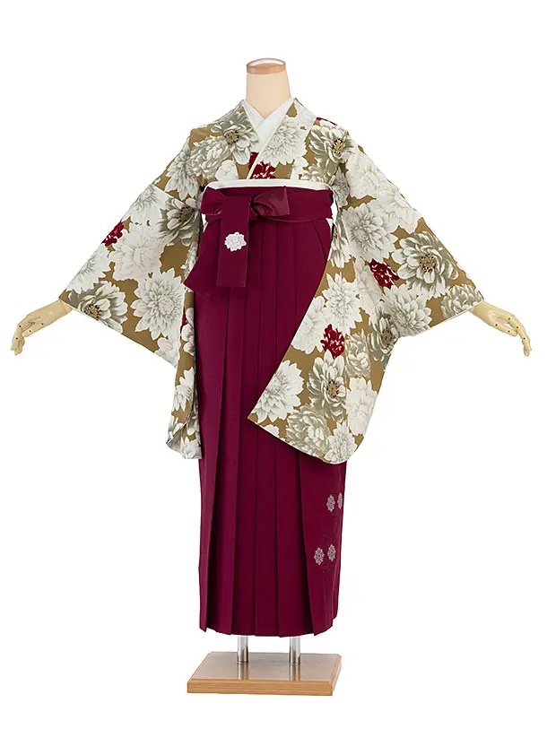 卒業式女性袴 1281 Kansai／アンティークゴールド 牡丹／ボルドー袴