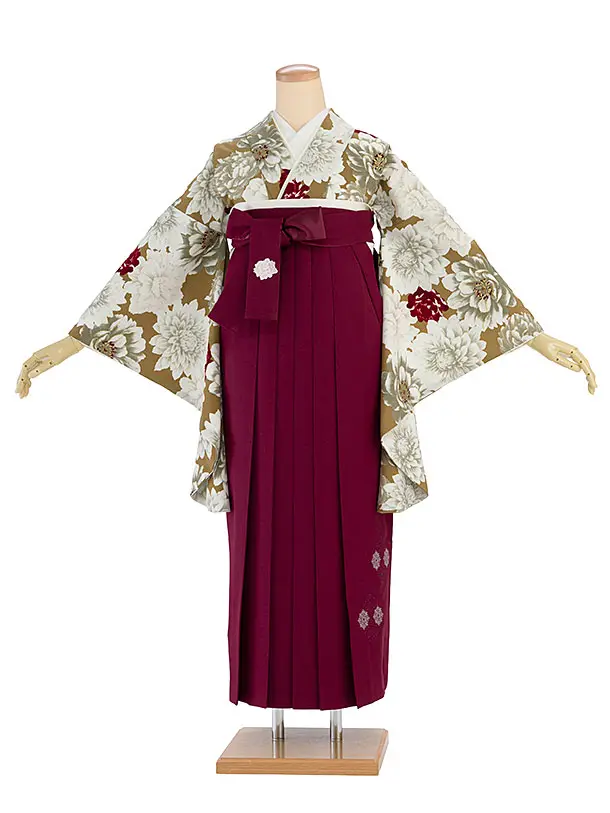 卒業式女性袴 1281 Kansai／アンティークゴールド 牡丹／ボルドー袴
