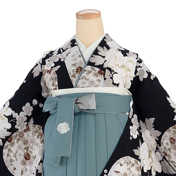 卒業式女性袴 1284 Kansai／濃藍 牡丹梅／水浅葱袴