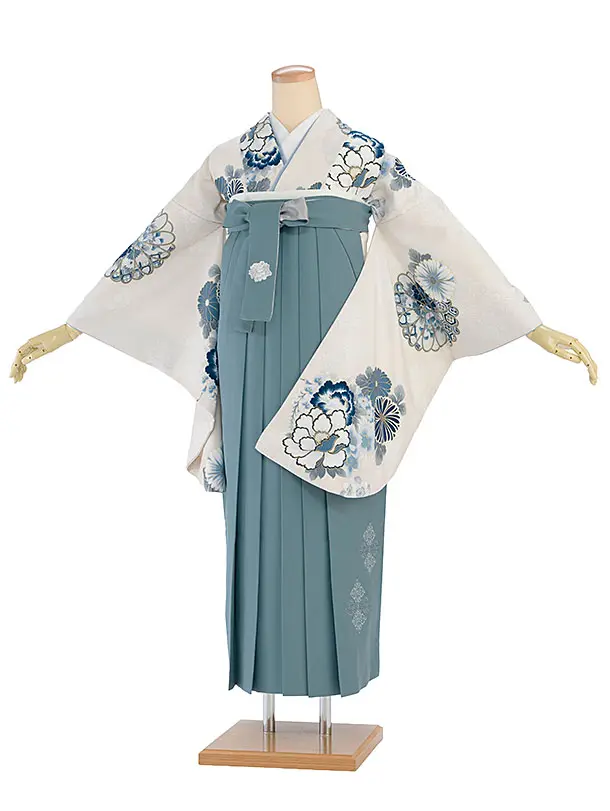卒業式女性袴 1285 Kansai／オフホワイト 牡丹菊／水浅葱袴