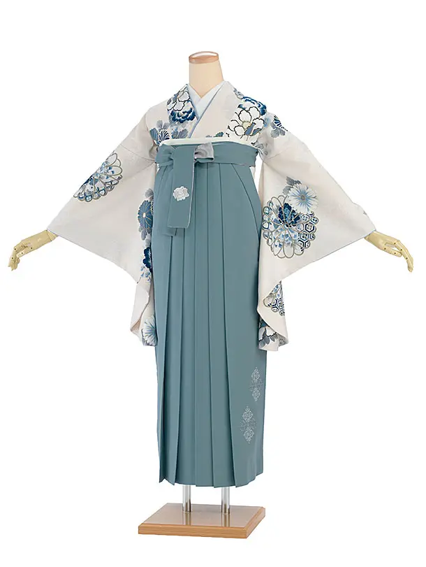 卒業式女性袴 1285 Kansai／オフホワイト 牡丹菊／水浅葱袴