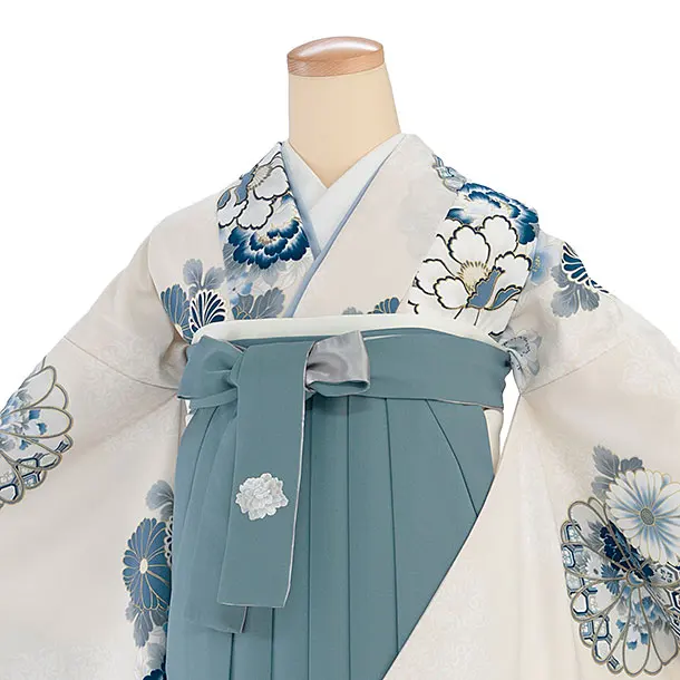 卒業式女性袴 1285 Kansai／オフホワイト 牡丹菊／水浅葱袴