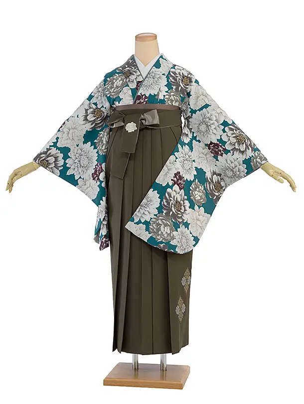 卒業式女性袴 1298 Kansai／青緑 牡丹／オリーブブラウン袴