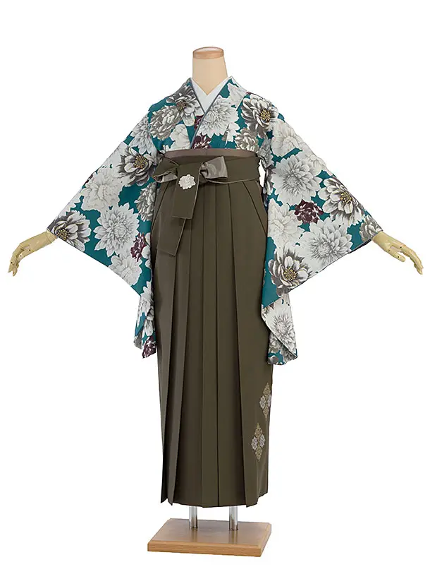 卒業式女性袴 1298 Kansai／青緑 牡丹／オリーブブラウン袴