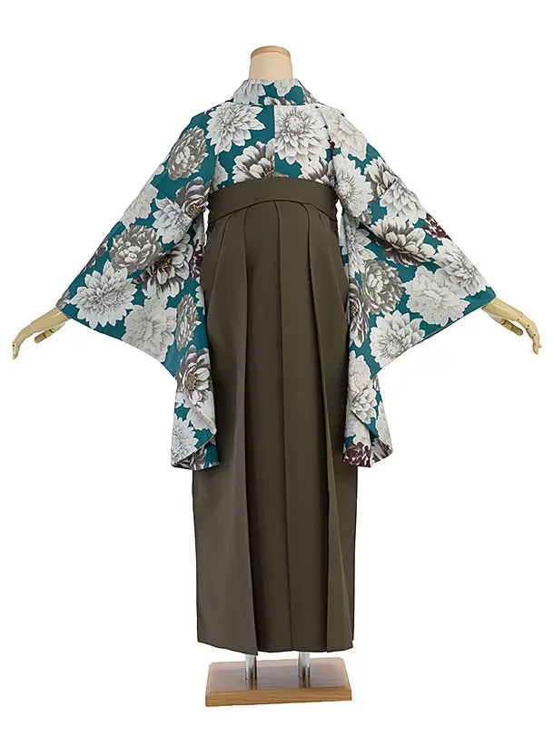 卒業式女性袴 1298 Kansai／青緑 牡丹／オリーブブラウン袴
