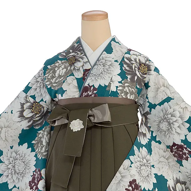 卒業式女性袴 1298 Kansai／青緑 牡丹／オリーブブラウン袴