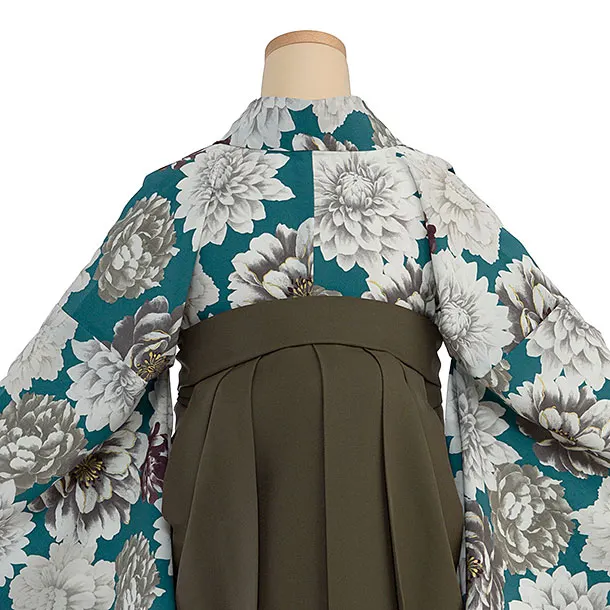 卒業式女性袴 1298 Kansai／青緑 牡丹／オリーブブラウン袴