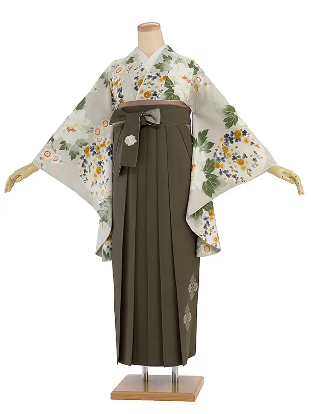 卒業式女性袴 1299 Kansai／グレージュ 牡丹梅／オリーブブラウン袴