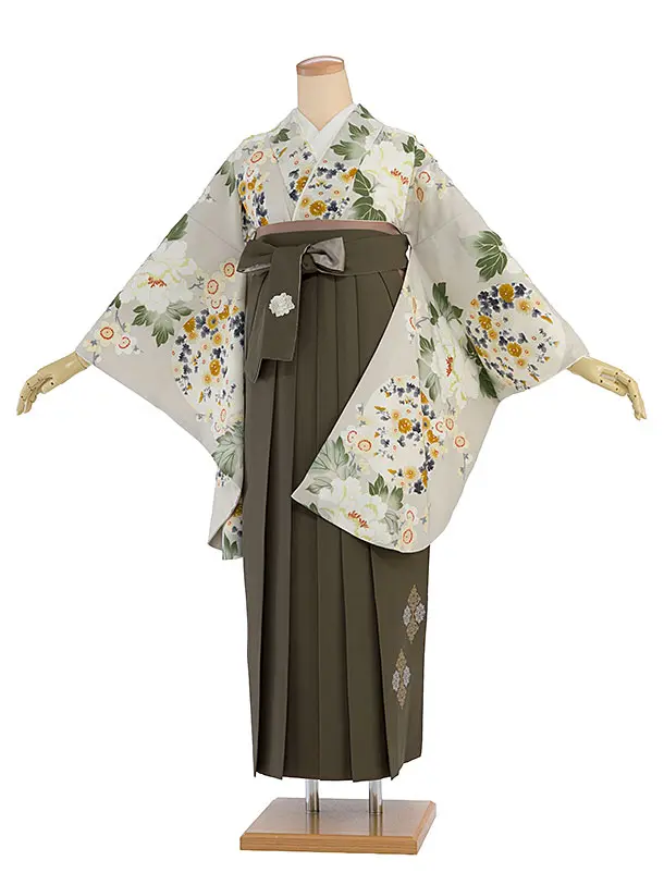 卒業式女性袴 1300 Kansai／グレージュ 牡丹梅／オリーブブラウン袴