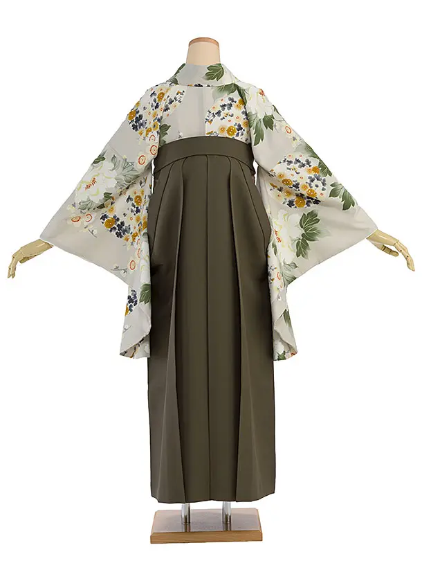 卒業式女性袴 1300 Kansai／グレージュ 牡丹梅／オリーブブラウン袴