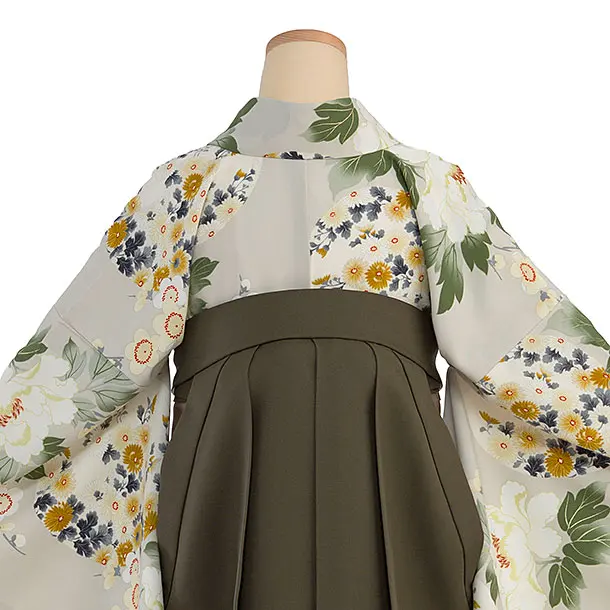 卒業式女性袴 1300 Kansai／グレージュ 牡丹梅／オリーブブラウン袴