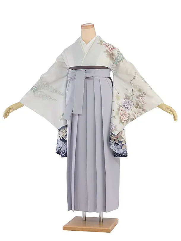 先生,教員向け袴レンタル 1314 淡グレー 鹿の子梅牡丹／淡ブルーグレー袴