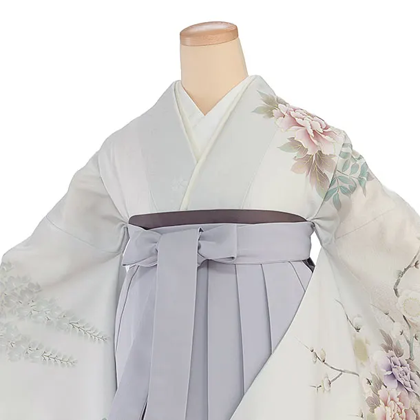 先生,教員向け袴レンタル 1314 淡グレー 鹿の子梅牡丹／淡ブルーグレー袴