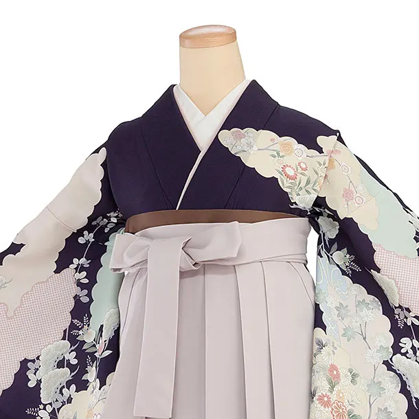 先生,教員向け袴レンタル 1320 紫 雲取りに花／ピンクベージュ袴