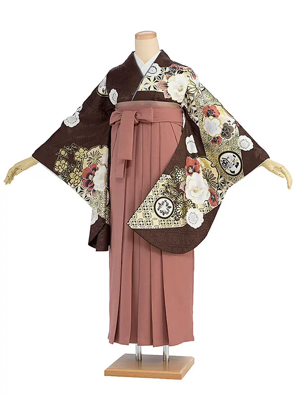 卒業式女性袴レンタル 1327 茶色 華雪輪／淡紅色袴