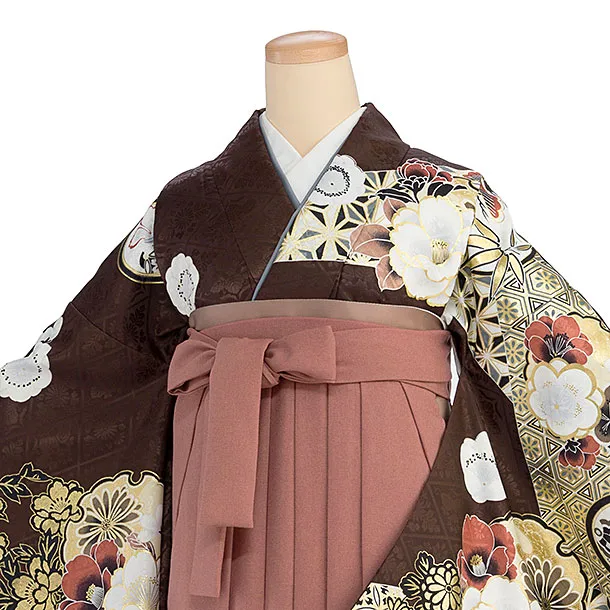 卒業式女性袴レンタル 1327 茶色 華雪輪／淡紅色袴