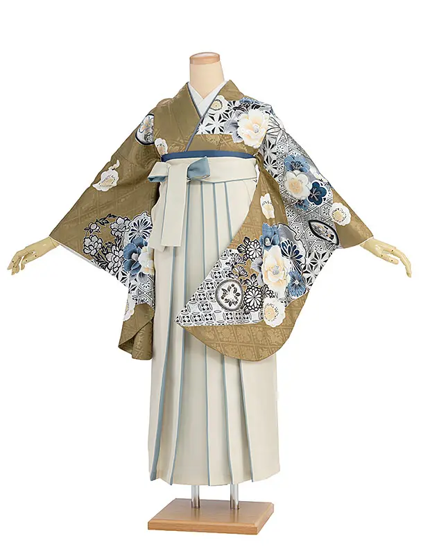 卒業式女性袴レンタル 1328 鶯茶色 華雪輪／オフホワイト袴