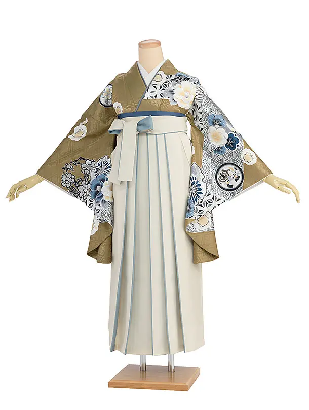 卒業式女性袴レンタル 1328 鶯茶色 華雪輪／オフホワイト袴