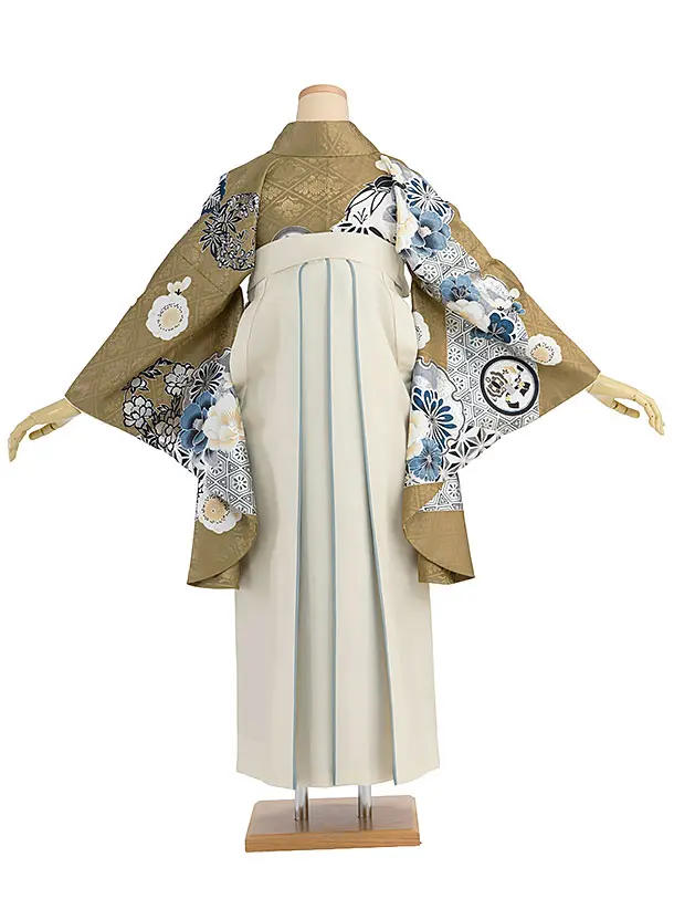 卒業式女性袴レンタル 1328 鶯茶色 華雪輪／オフホワイト袴