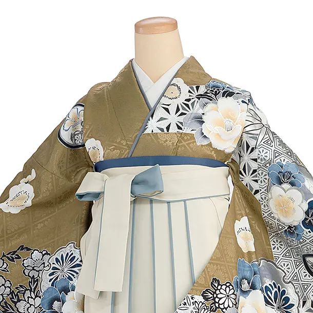 卒業式女性袴レンタル 1328 鶯茶色 華雪輪／オフホワイト袴