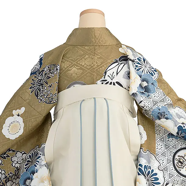 卒業式女性袴レンタル 1328 鶯茶色 華雪輪／オフホワイト袴