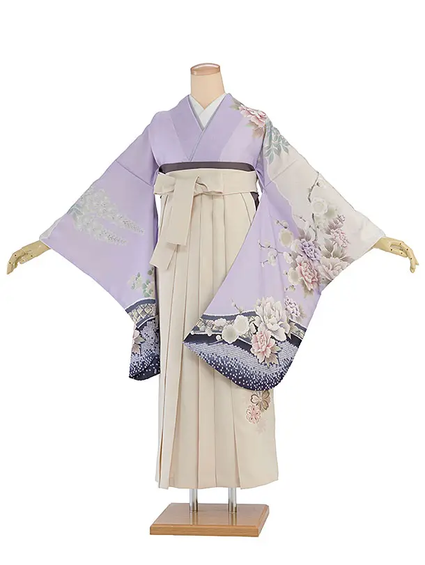 先生,教員向け袴レンタル 1346 薄紫 牡丹梅鹿の子／クリーム 桜刺繍袴