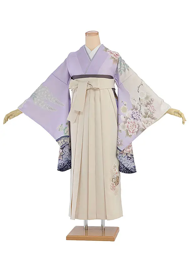 先生,教員向け袴レンタル 1346 薄紫 牡丹梅鹿の子／クリーム 桜刺繍袴