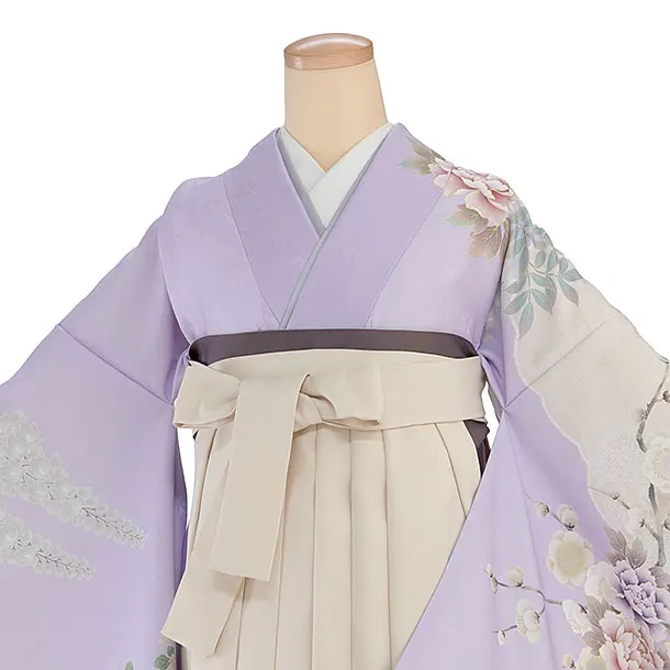 先生,教員向け袴レンタル 1346 薄紫 牡丹梅鹿の子／クリーム 桜刺繍袴
