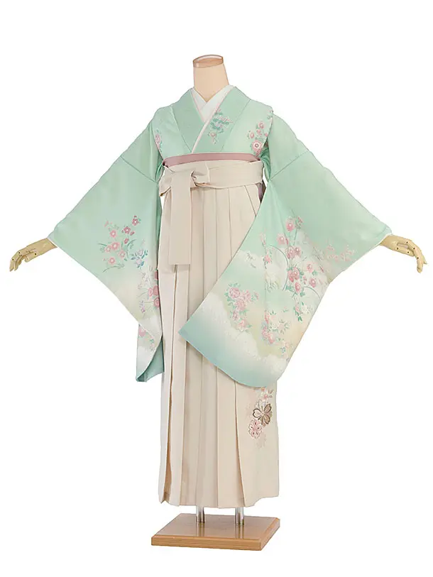 先生,教員向け袴レンタル 1347 緑 四季花／クリーム 桜刺繍袴