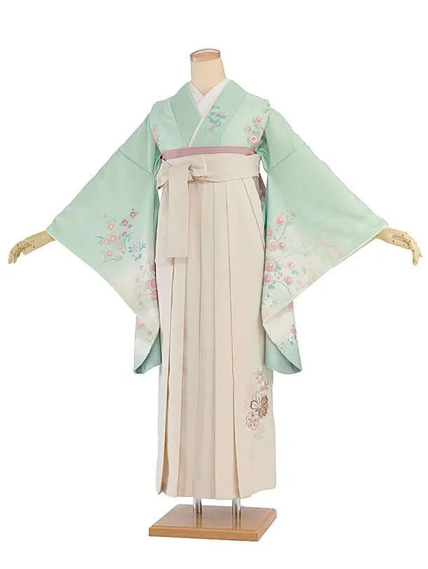 先生,教員向け袴レンタル 1347 緑 四季花／クリーム 桜刺繍袴