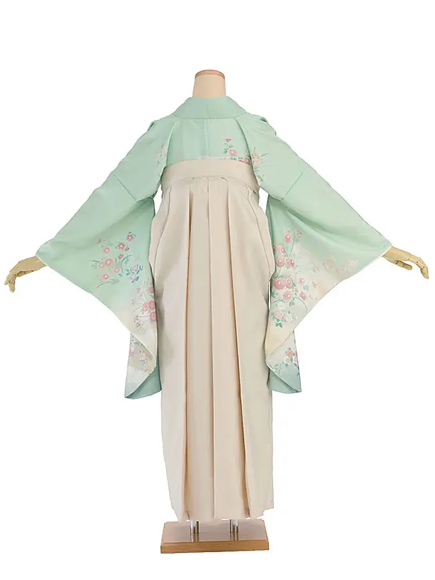 先生,教員向け袴レンタル 1347 緑 四季花／クリーム 桜刺繍袴