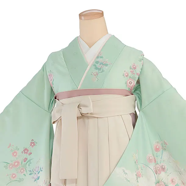 先生,教員向け袴レンタル 1347 緑 四季花／クリーム 桜刺繍袴