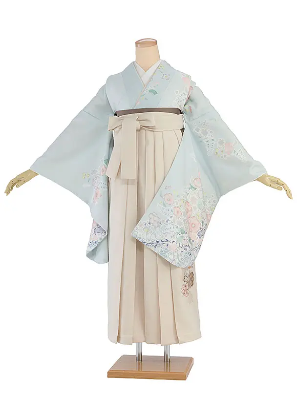 先生,教員向け袴レンタル 1348 薄水色 辻が花風／クリーム 桜刺繍袴