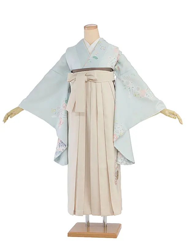 先生,教員向け袴レンタル 1348 薄水色 辻が花風／クリーム 桜刺繍袴