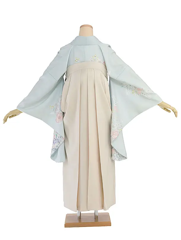 先生,教員向け袴レンタル 1348 薄水色 辻が花風／クリーム 桜刺繍袴