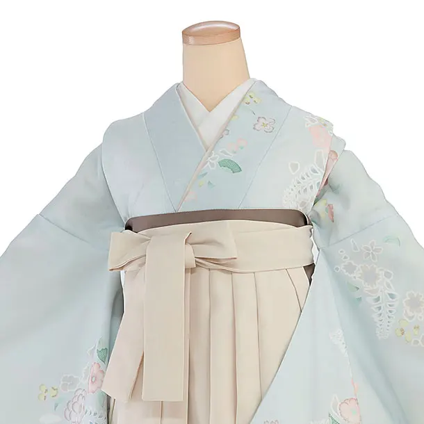 先生,教員向け袴レンタル 1348 薄水色 辻が花風／クリーム 桜刺繍袴