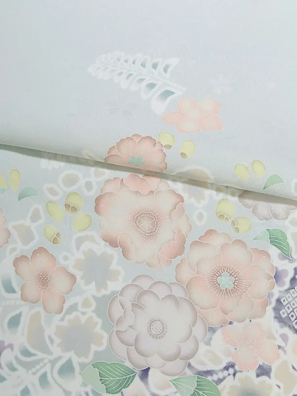 先生,教員向け袴レンタル 1348 薄水色 辻が花風／クリーム 桜刺繍袴