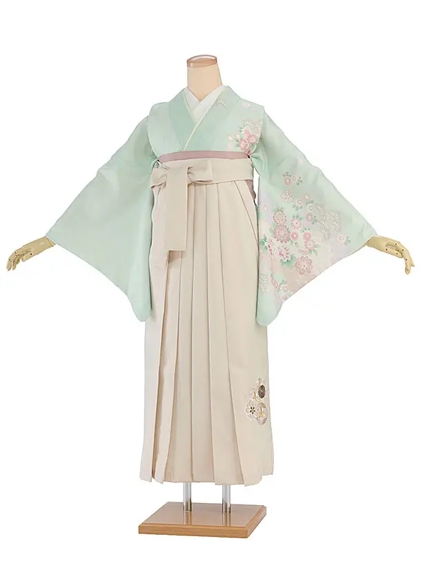 先生,教員向け袴レンタル 1349 薄緑 華瑞祥／クリーム 花七宝袴